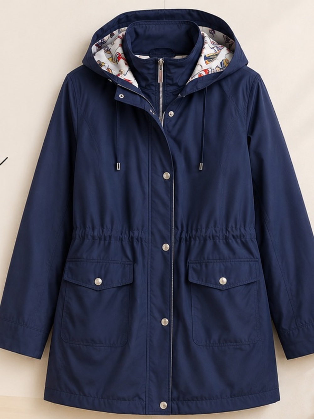Coldwater Creek Blue Raincoat Jacket Hooded Umbrella Print Lining Medium